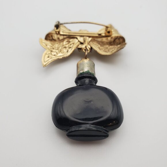 Vintage Ornate Gold Metal Bow w/ Dangling Black Glass Perfume Bottle Brooch Pin - Picture 6 of 6